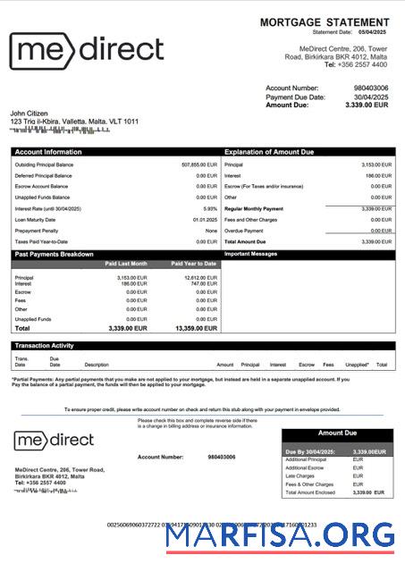 Realistic Malta MeDirect Bank mortgage statement Word and PDF template